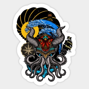 Funny octopus with horns and ship Sticker